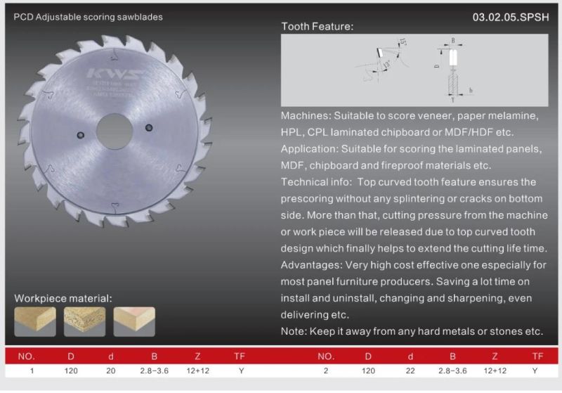 Kws PCD Diamond Adjustable Scoring Saw 120*20*2.8-3.6*12+12t